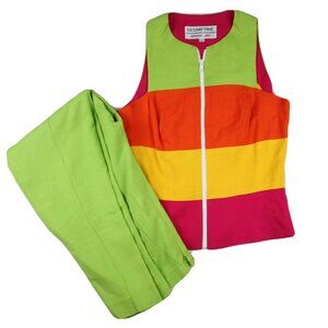 GEOMETRIE DEBORAH LAWS - VINTAGE BRIGHT GREEN PINK TOP & PANTS SET OUTFIT - SIZE